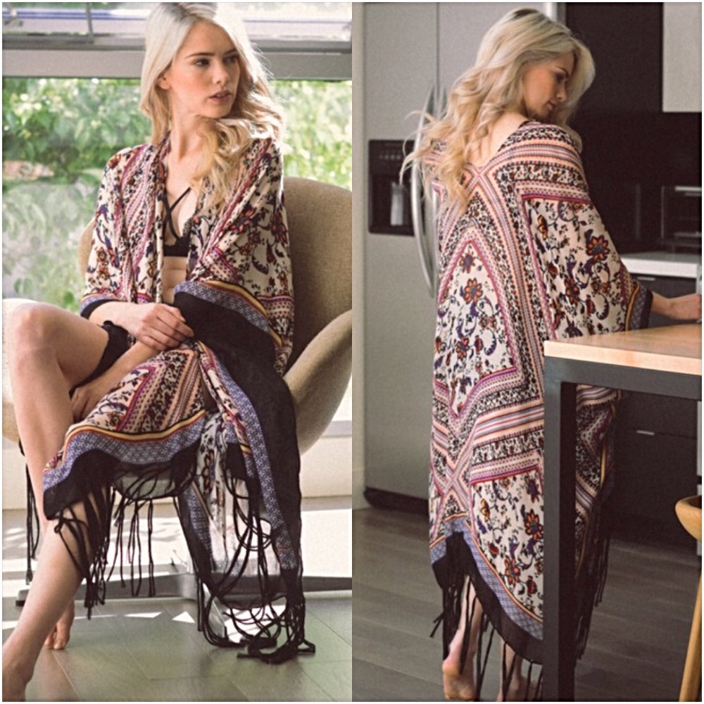 Gorgeous Boho Fringe Kimono Wrap Armholes O/S 0-18 Tassel Swim Coverup - Picture 3 of 6